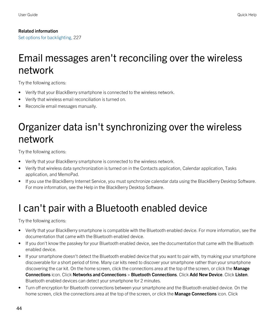 Blackberry 9380 Email messages arent reconciling over the wireless network, Cant pair with a Bluetooth enabled device 