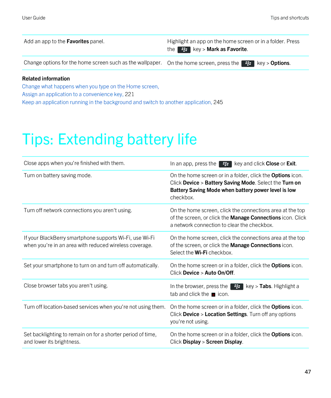 Blackberry 9380 manual Tips Extending battery life, Key Mark as Favorite 