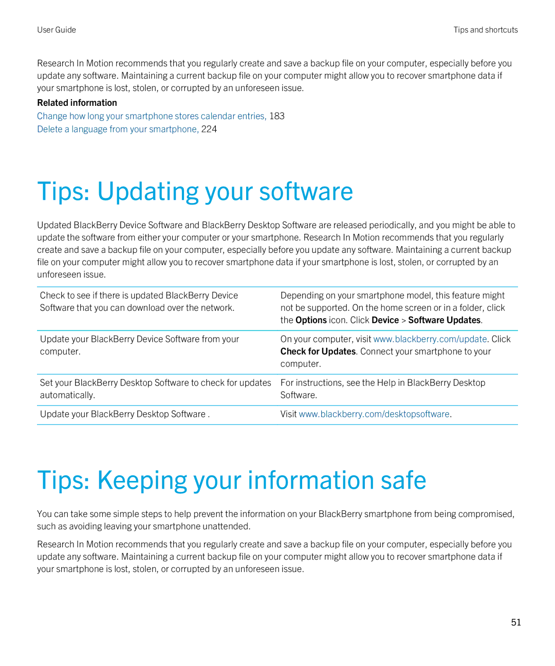 Blackberry 9380 manual Tips Updating your software, Tips Keeping your information safe 