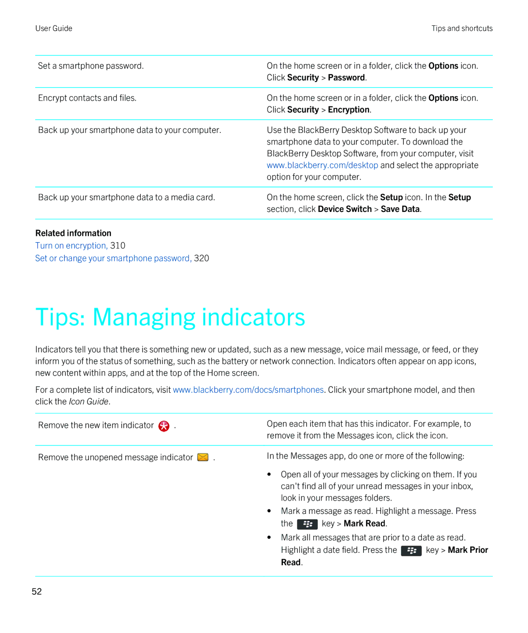 Blackberry 9380 manual Tips Managing indicators, Click Security Password 