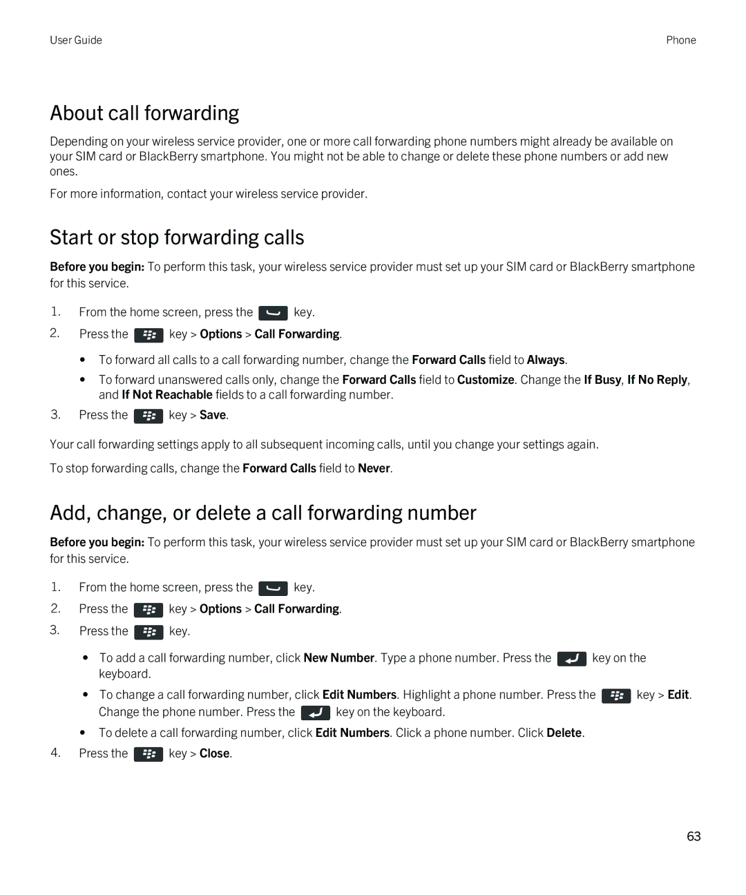 Blackberry 9380 About call forwarding, Start or stop forwarding calls, Add, change, or delete a call forwarding number 