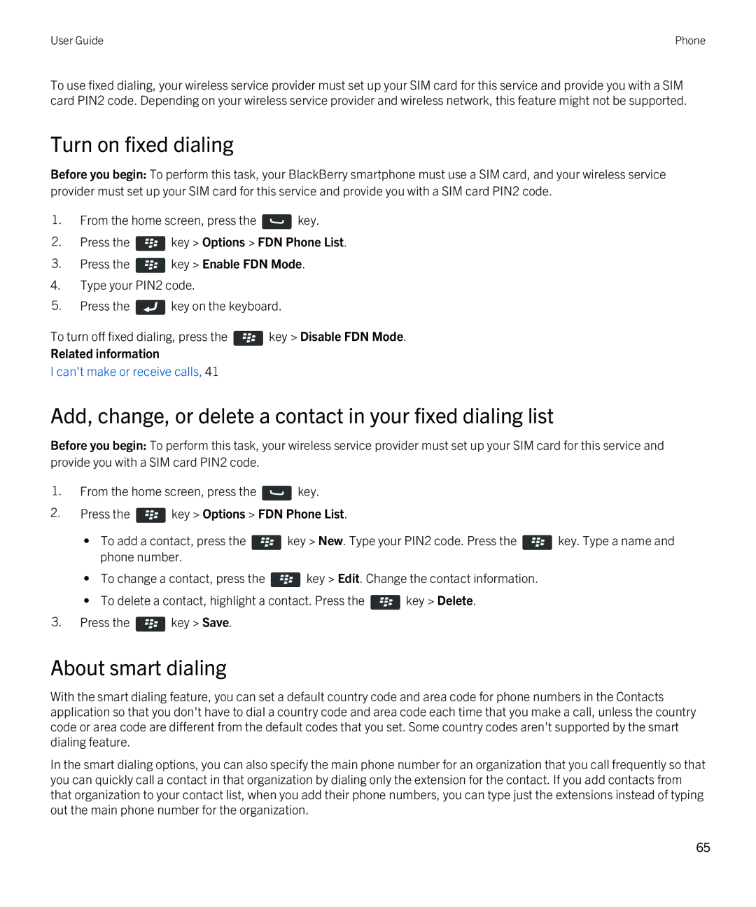 Blackberry 9380 Turn on fixed dialing, Add, change, or delete a contact in your fixed dialing list, About smart dialing 