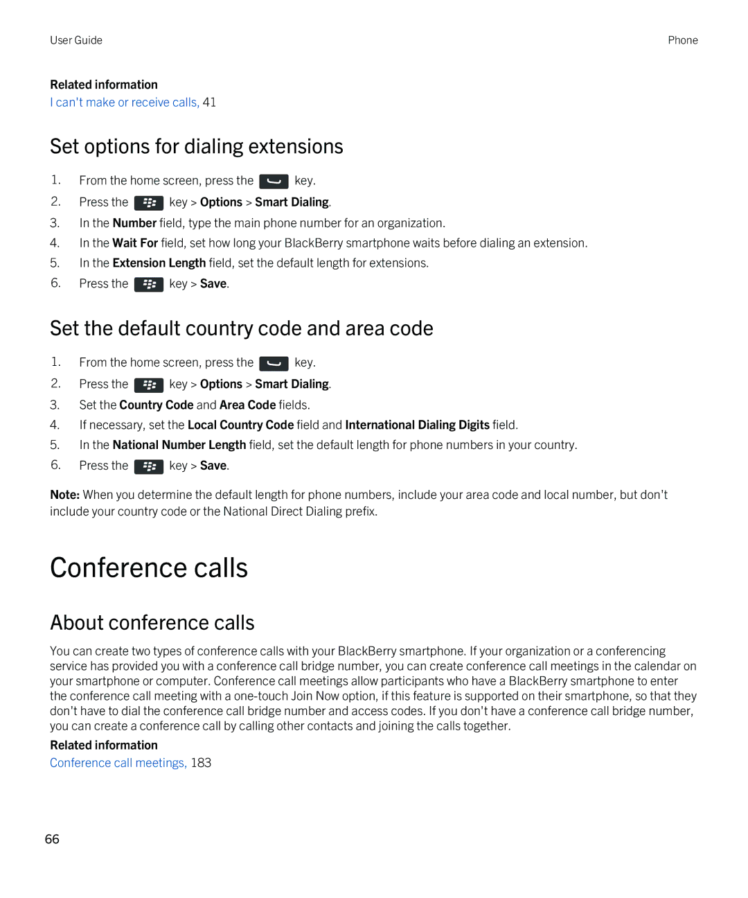 Blackberry 9380 manual Conference calls, Set options for dialing extensions, Set the default country code and area code 