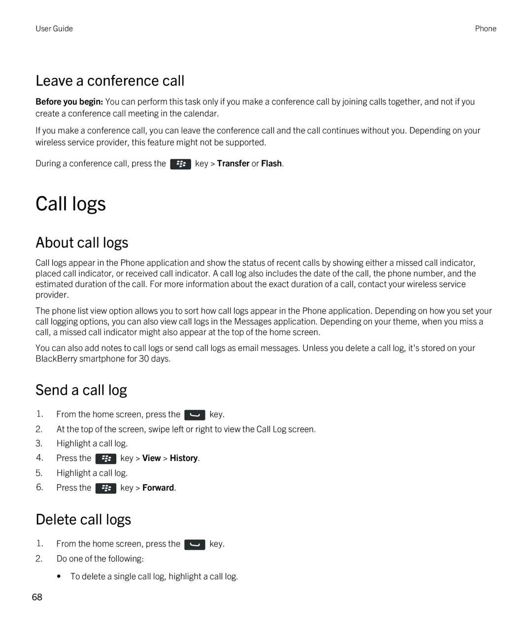 Blackberry 9380 manual Call logs, Leave a conference call, About call logs, Send a call log, Delete call logs 