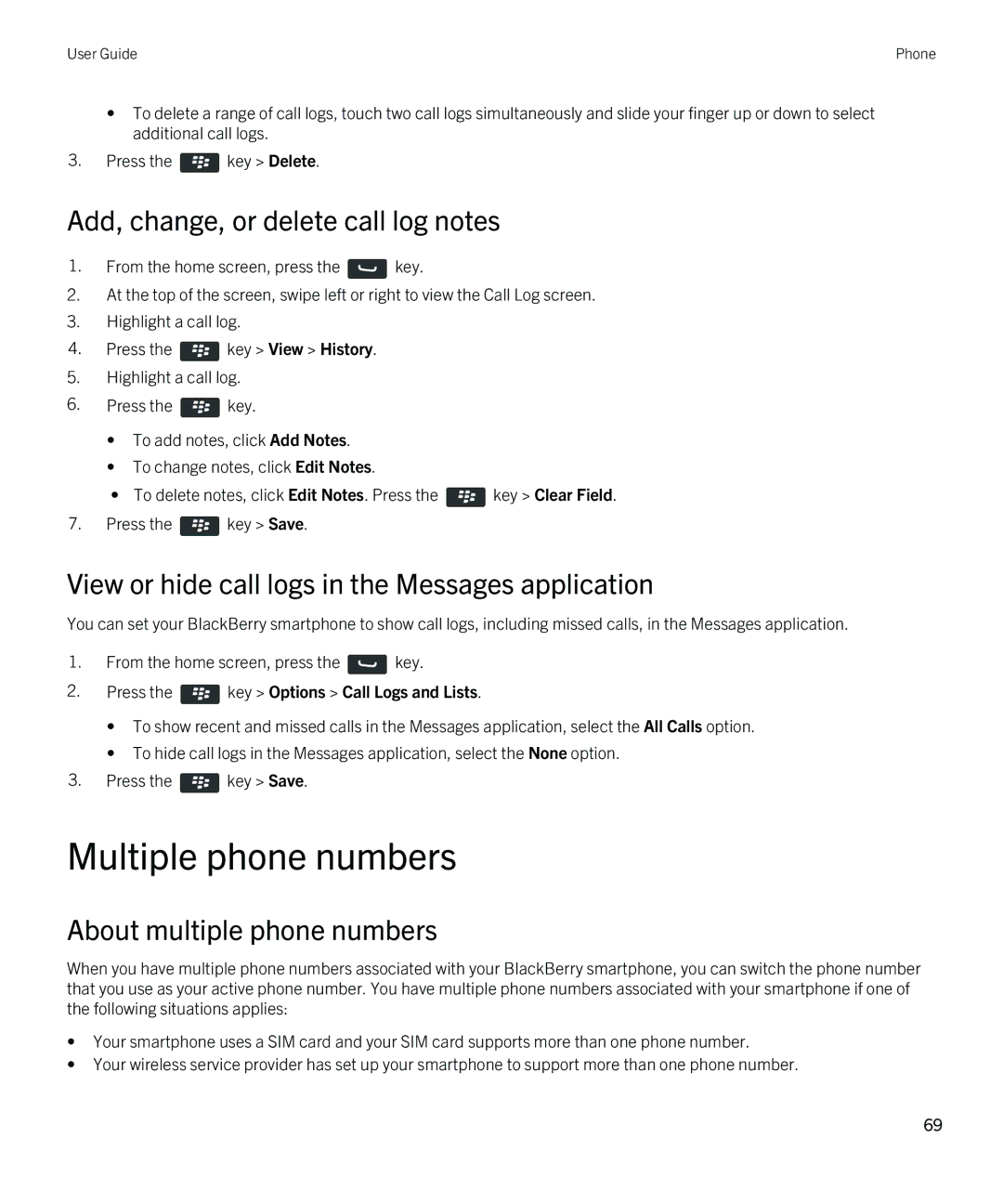 Blackberry 9380 manual Multiple phone numbers, Add, change, or delete call log notes, About multiple phone numbers 