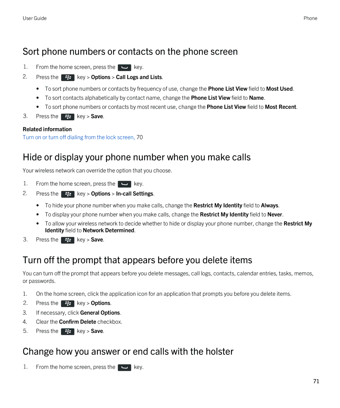 Blackberry 9380 Sort phone numbers or contacts on the phone screen, Hide or display your phone number when you make calls 