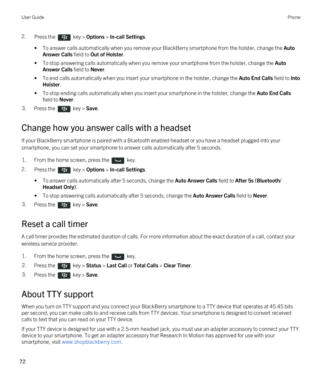 Blackberry 9380 manual Change how you answer calls with a headset, Reset a call timer, About TTY support 