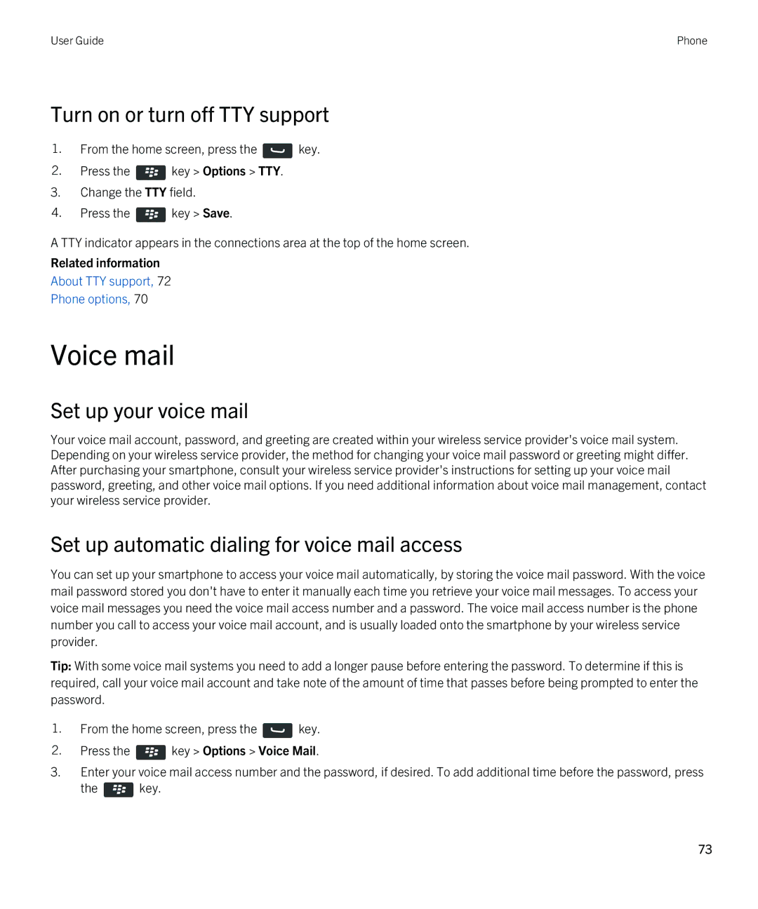 Blackberry 9380 manual Voice mail, Turn on or turn off TTY support, Set up your voice mail 