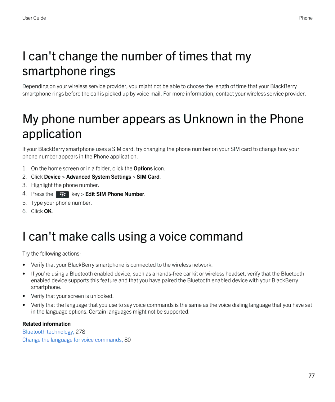 Blackberry 9380 manual Cant change the number of times that my smartphone rings, Cant make calls using a voice command 