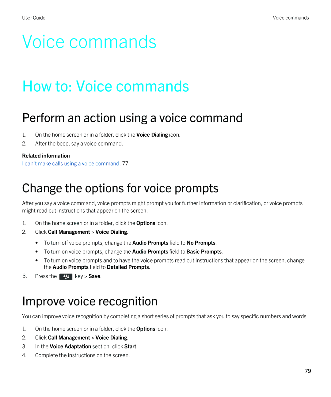 Blackberry 9380 How to Voice commands, Perform an action using a voice command, Change the options for voice prompts 