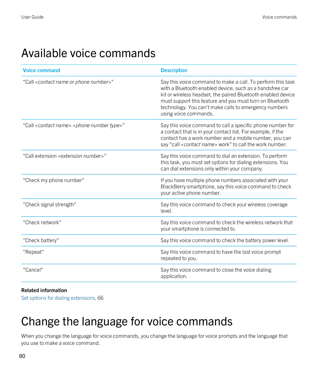 Blackberry 9380 manual Available voice commands, Change the language for voice commands 