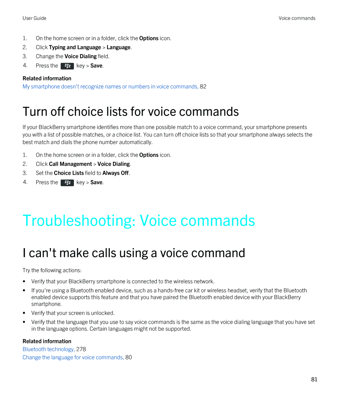 Blackberry 9380 manual Troubleshooting Voice commands, Turn off choice lists for voice commands 