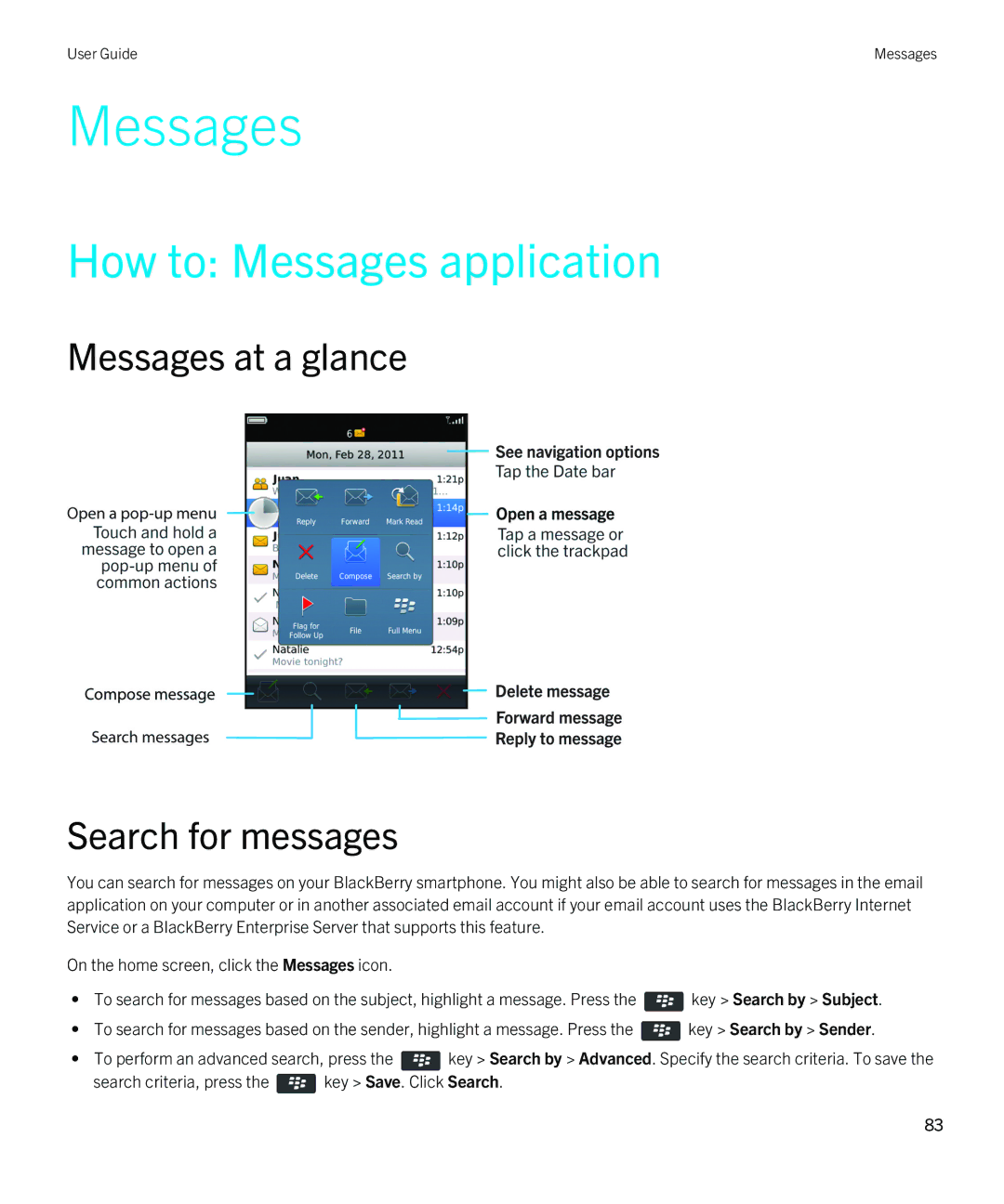 Blackberry 9380 manual How to Messages application, Messages at a glance Search for messages 