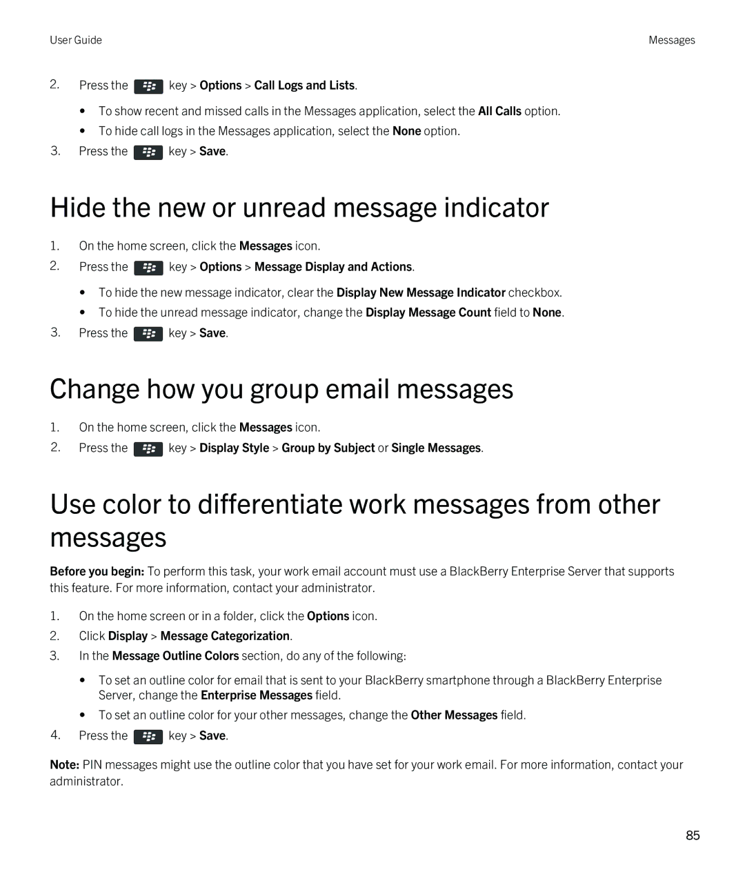 Blackberry 9380 manual Hide the new or unread message indicator, Change how you group email messages 