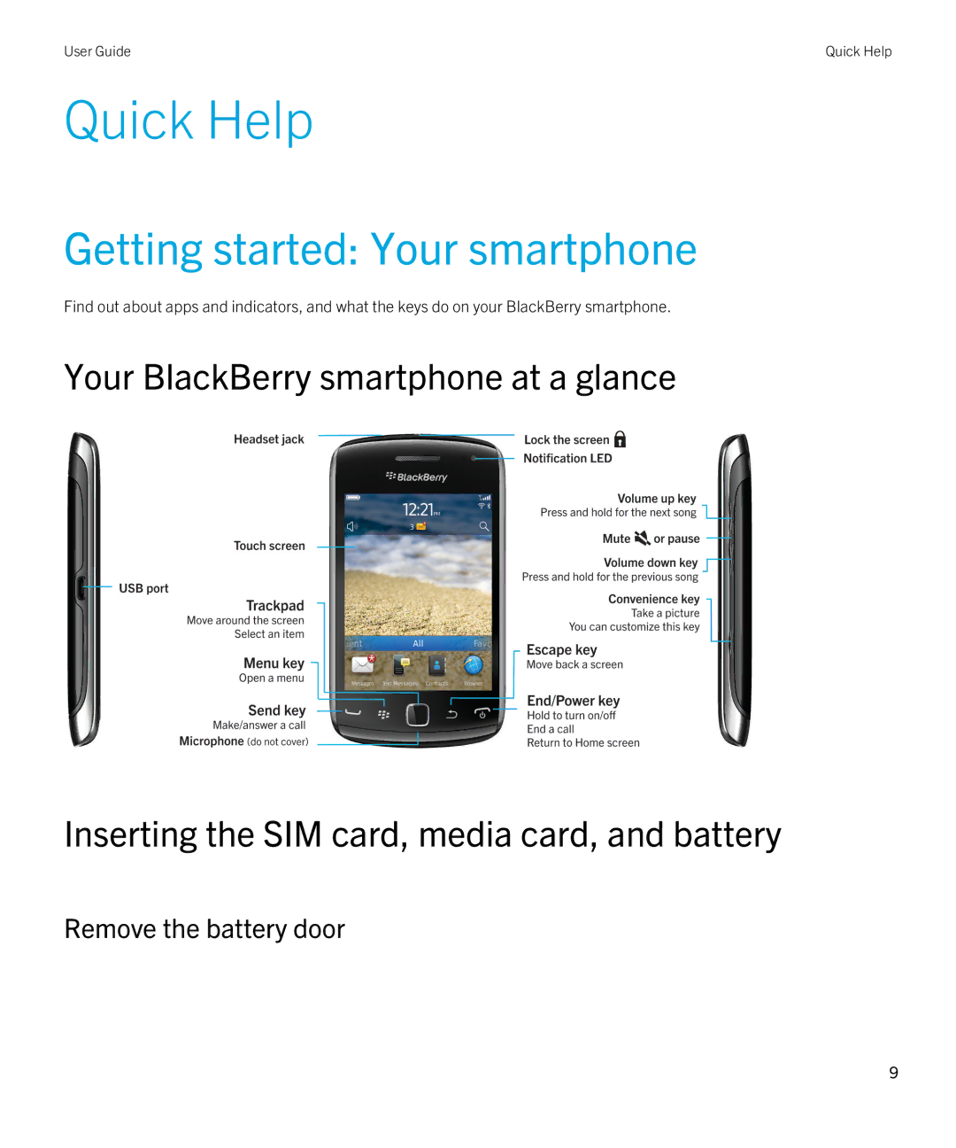 Blackberry 9380 manual Quick Help, Getting started Your smartphone, Remove the battery door 