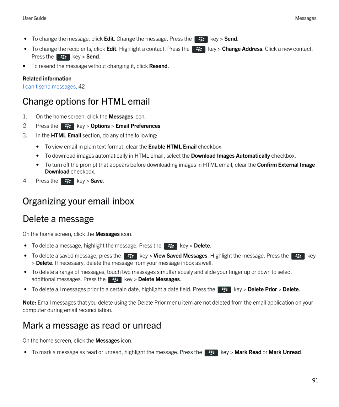 Blackberry 9380 manual Change options for Html email, Organizing your email inbox Delete a message 