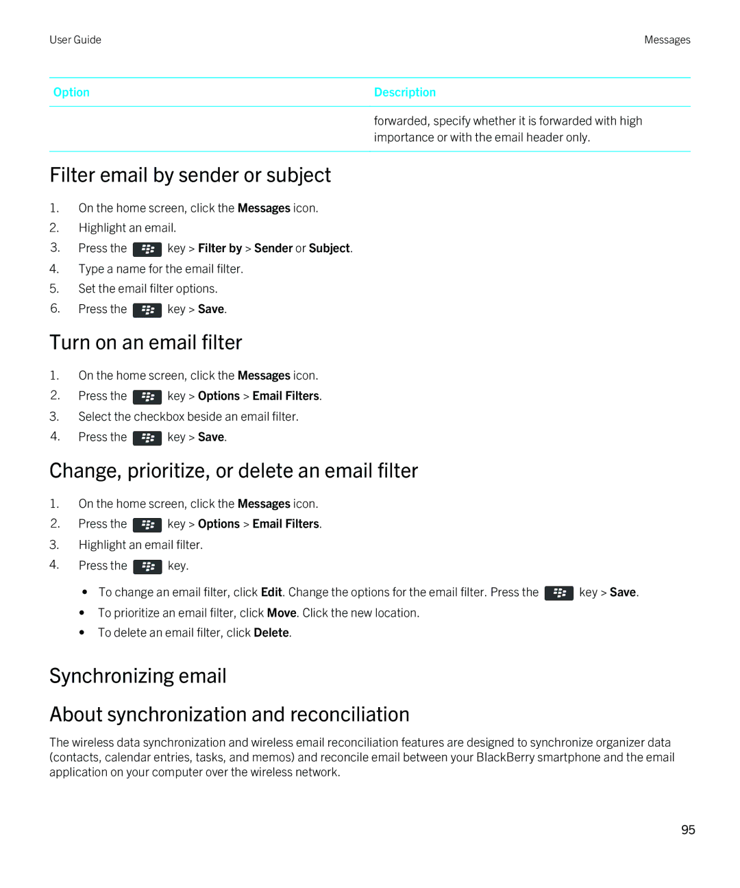 Blackberry 9380 manual Turn on an email filter, Change, prioritize, or delete an email filter 