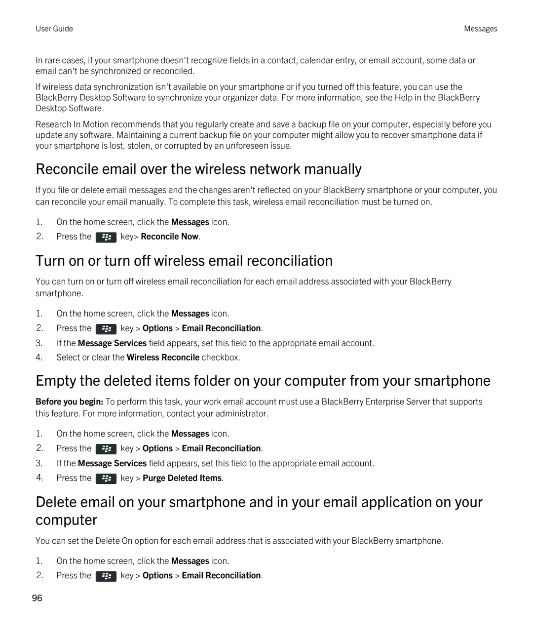 Blackberry 9380 manual Turn on or turn off wireless email reconciliation, Press the key Options Email Reconciliation 