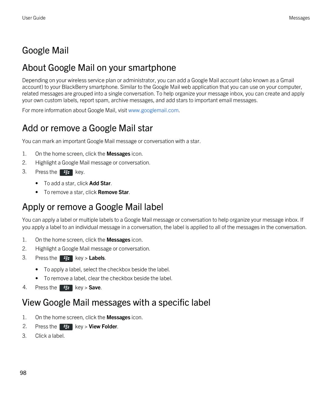 Blackberry 9380 manual Google Mail About Google Mail on your smartphone, Add or remove a Google Mail star 