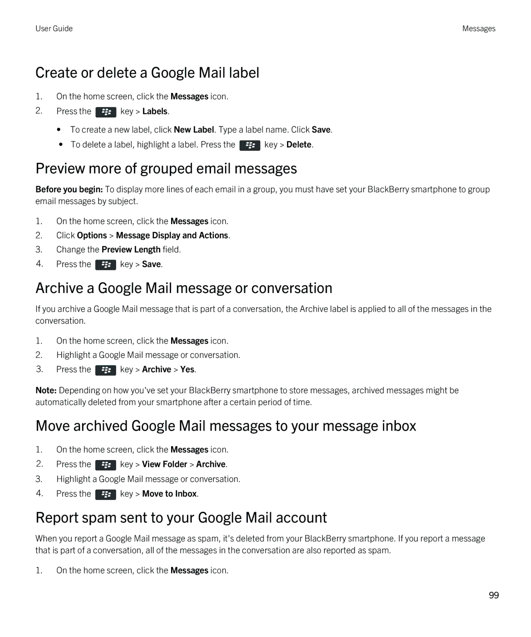 Blackberry 9380 manual Create or delete a Google Mail label, Preview more of grouped email messages 