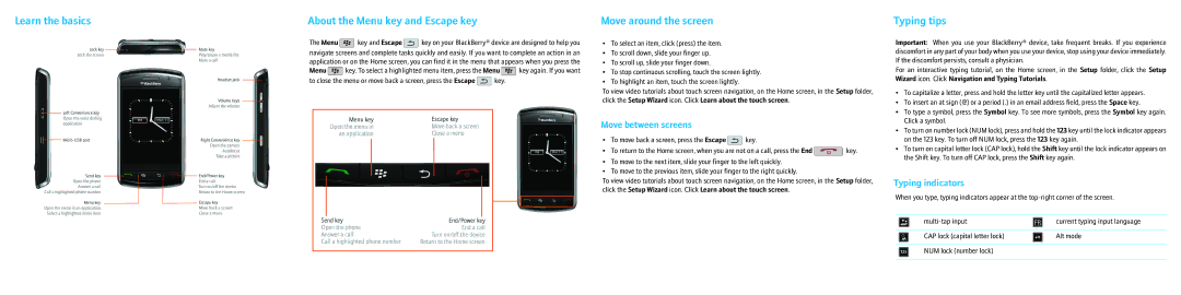 Blackberry 9530, 9500 Learn the basics, Move around the screen, Typing tips, Move between screens, Typing indicators 