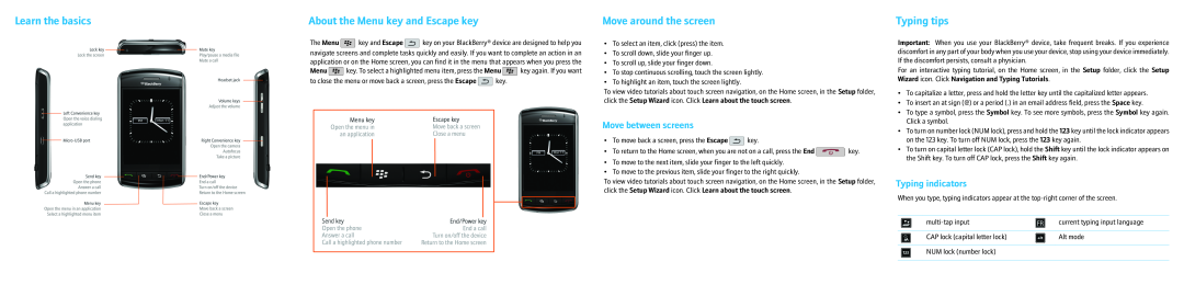 Blackberry 9530, 9500 Learn the basics, Move around the screen, Typing tips, Move between screens, Typing indicators 