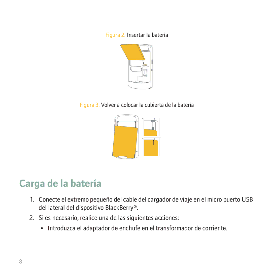 Blackberry 9530 manual Carga de la batería, Figura 2. Insertar la batería 