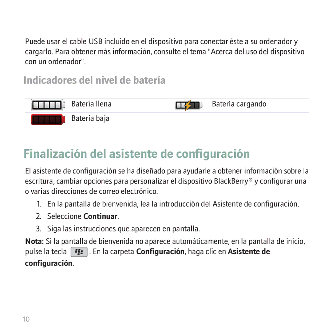 Blackberry 9530 manual Finalización del asistente de configuración 