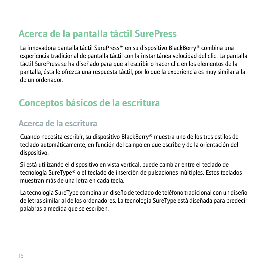 Blackberry 9530 manual Acerca de la pantalla táctil SurePress, Conceptos básicos de la escritura 