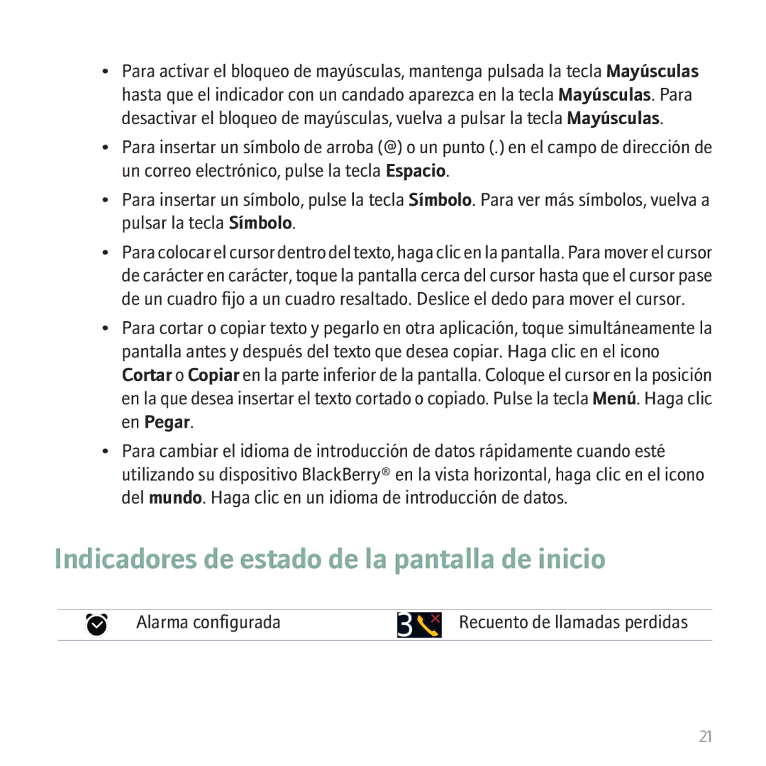 Blackberry 9530 manual Indicadores de estado de la pantalla de inicio 