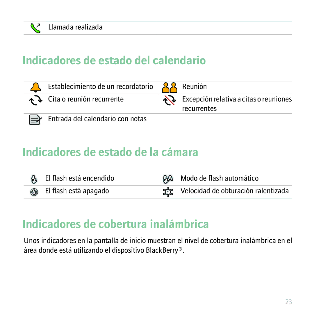 Blackberry 9530 manual Indicadores de estado del calendario, Indicadores de estado de la cámara 