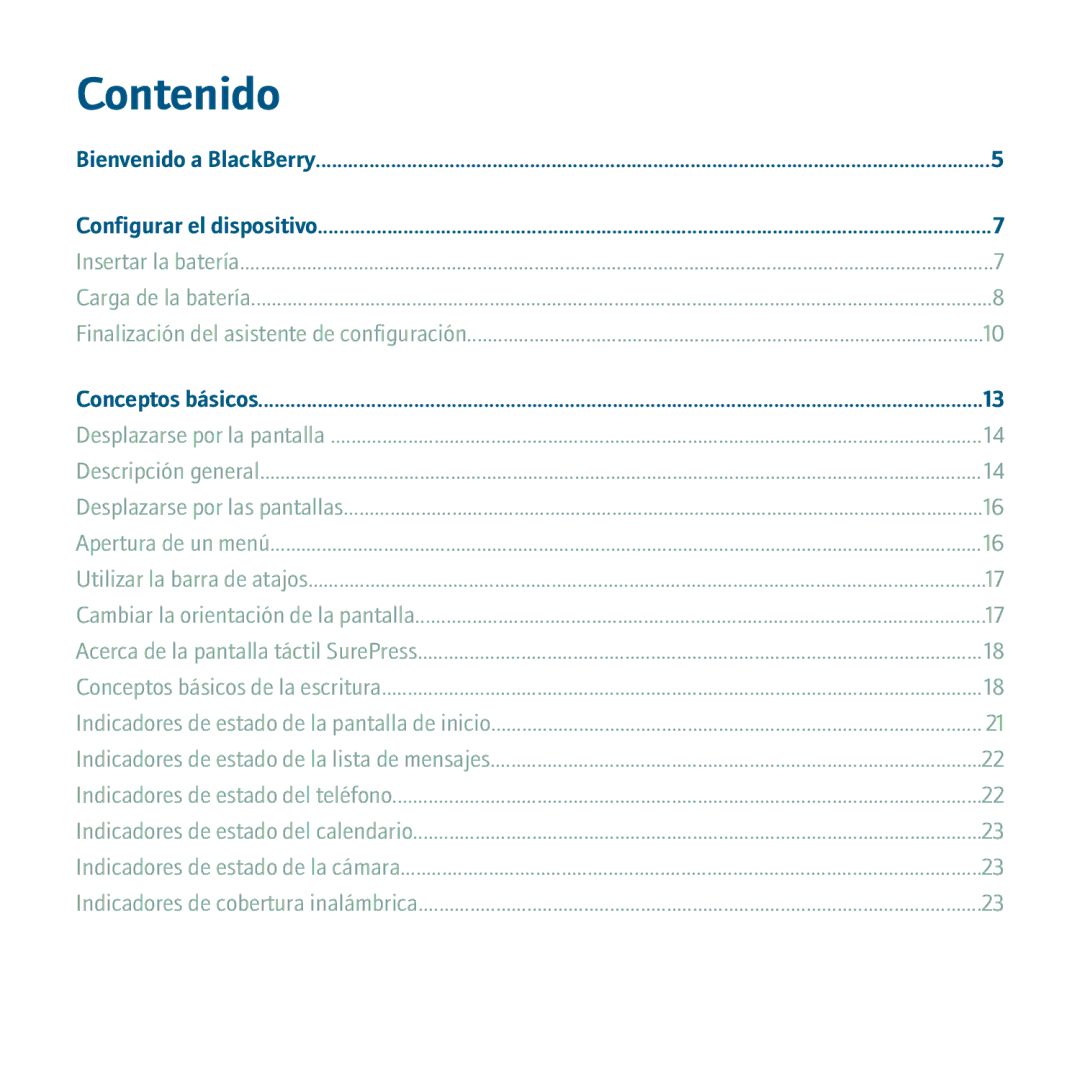 Blackberry 9530 manual Contenido, Conceptos básicos 