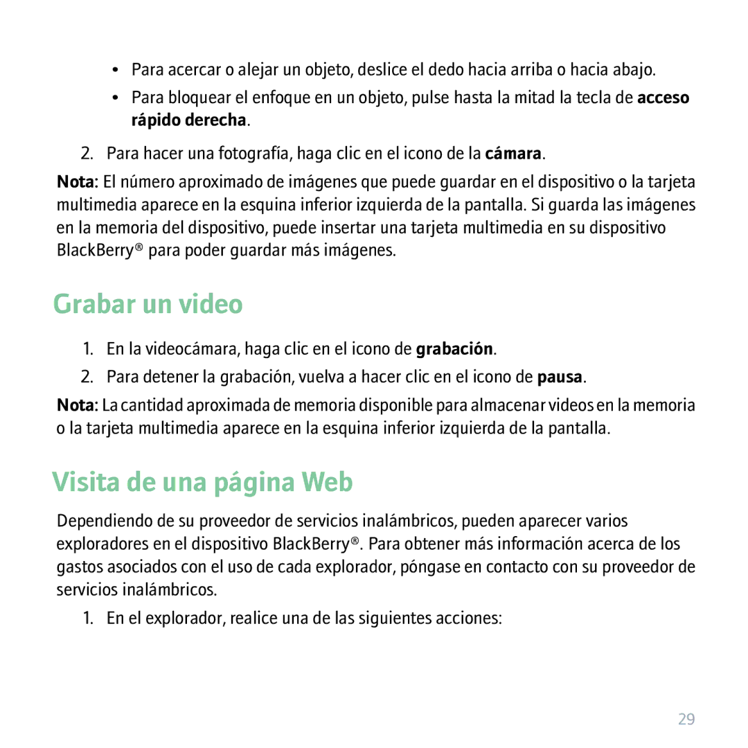 Blackberry 9530 manual Grabar un video, Visita de una página Web 