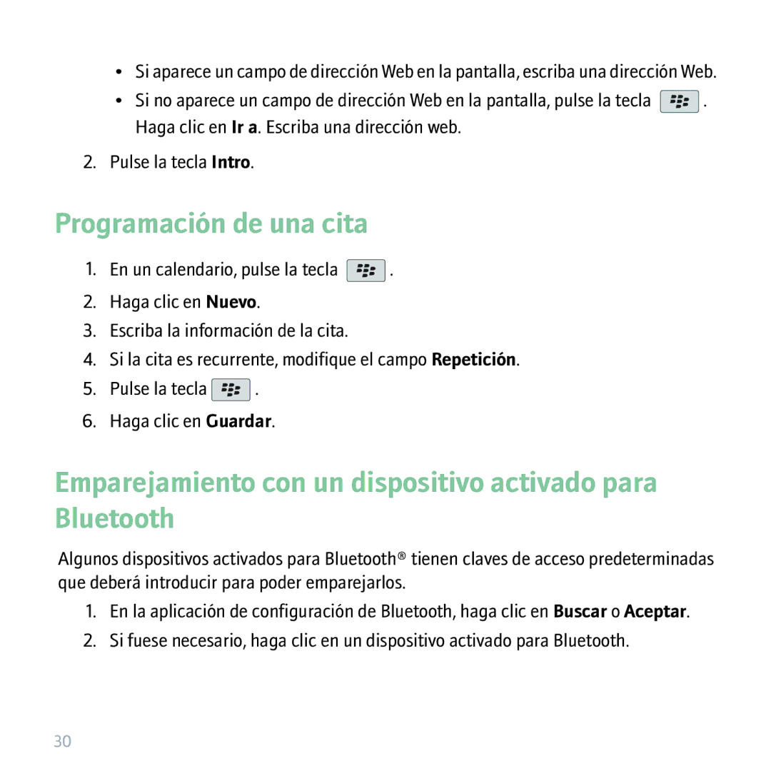 Blackberry 9530 manual Programación de una cita, Emparejamiento con un dispositivo activado para Bluetooth 