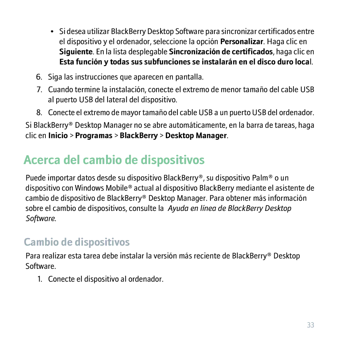 Blackberry 9530 manual Acerca del cambio de dispositivos, Cambio de dispositivos 