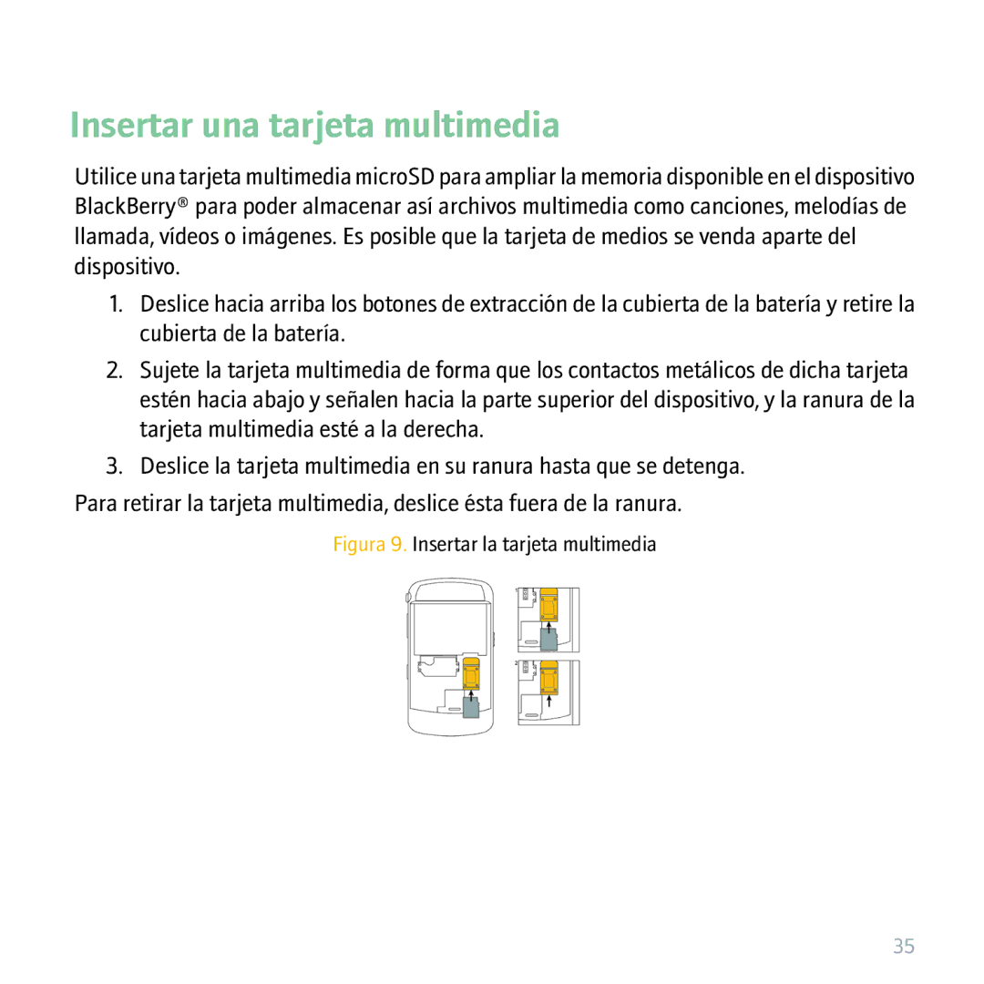 Blackberry 9530 manual Insertar una tarjeta multimedia, Figura 9. Insertar la tarjeta multimedia 