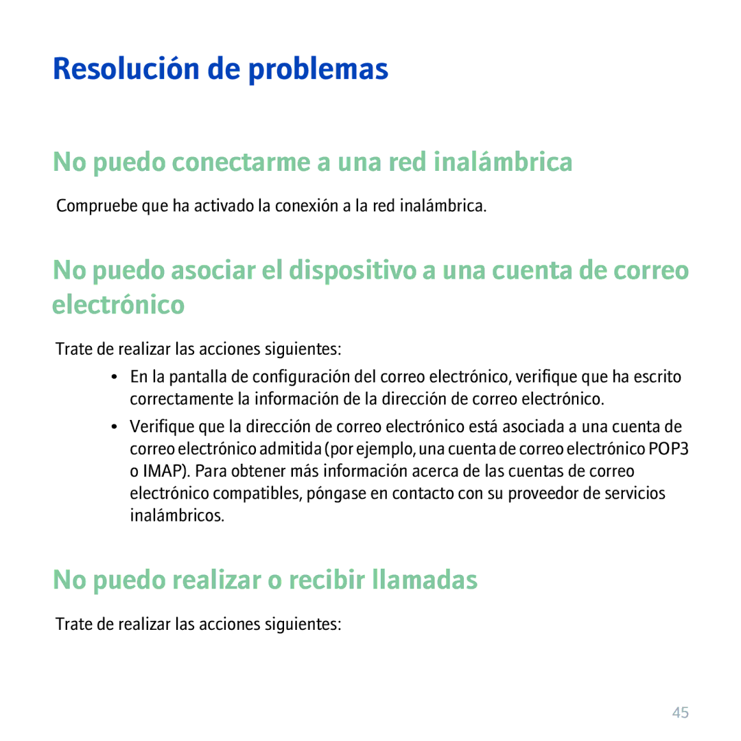 Blackberry 9530 Resolución de problemas, No puedo conectarme a una red inalámbrica, No puedo realizar o recibir llamadas 