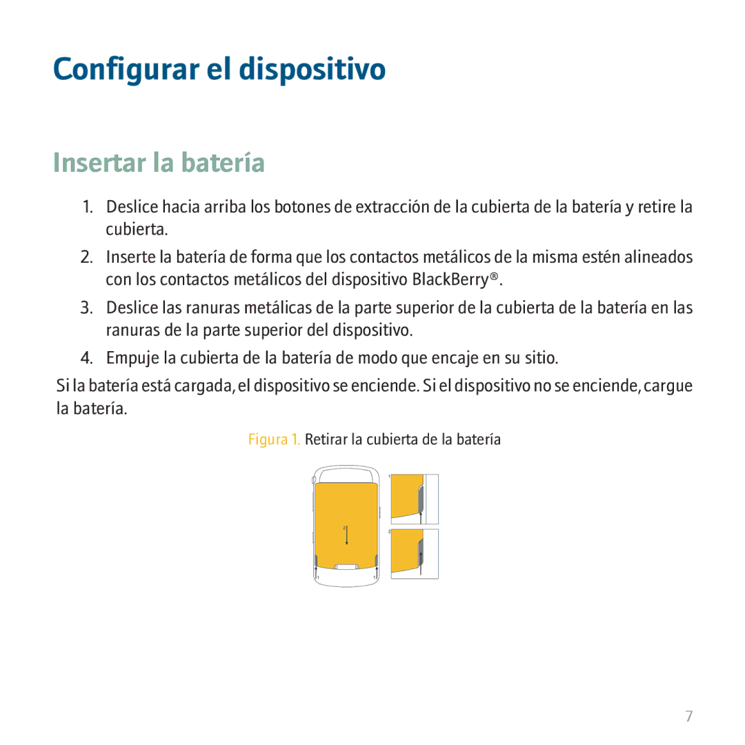 Blackberry 9530 manual Configurar el dispositivo, Insertar la batería 