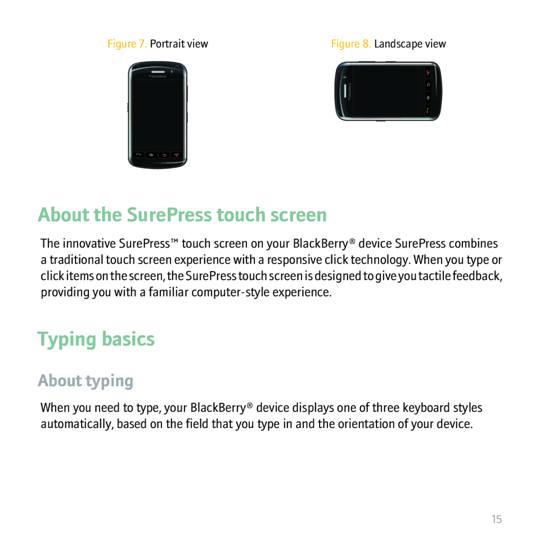 Blackberry 9530 manual About the SurePress touch screen, Typing basics, About typing 