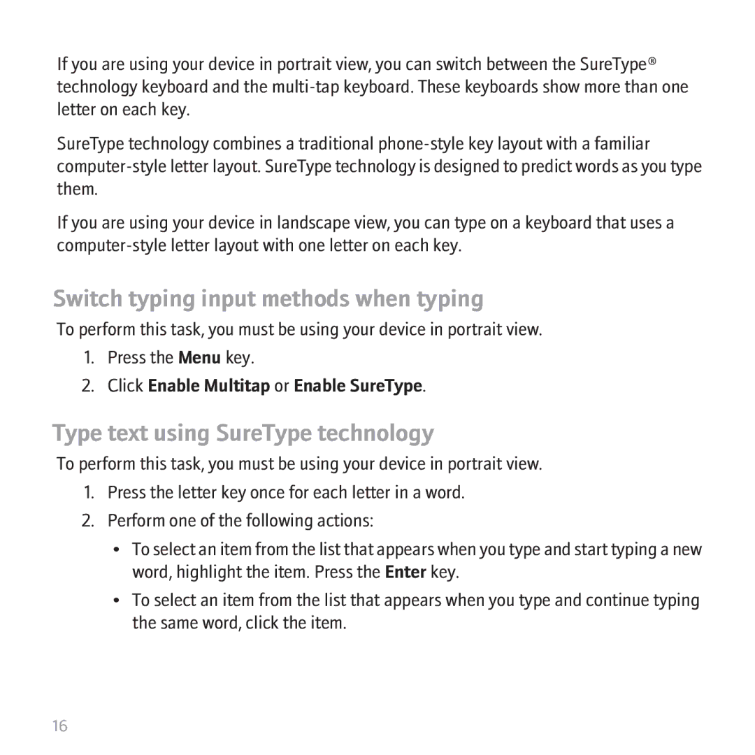 Blackberry 9530 manual Switch typing input methods when typing, Type text using SureType technology 