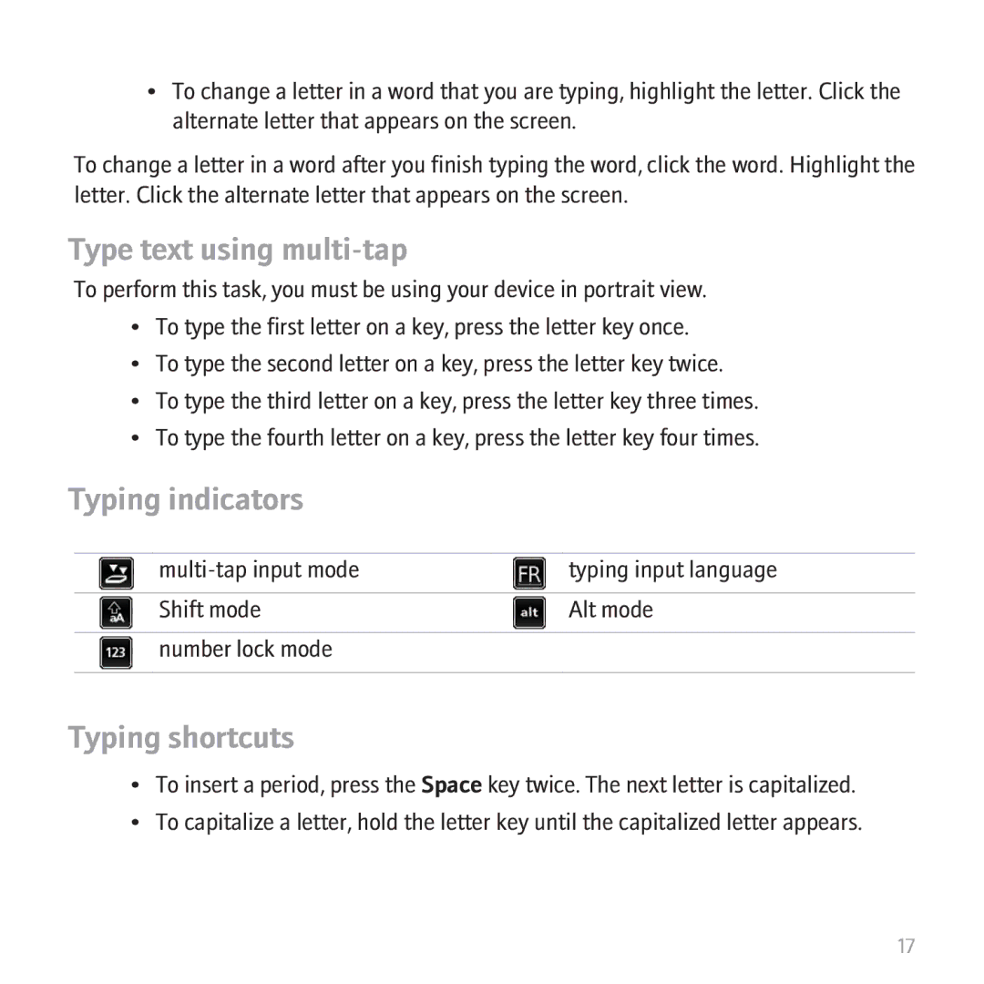 Blackberry 9530 manual Type text using multi-tap, Typing indicators, Typing shortcuts 