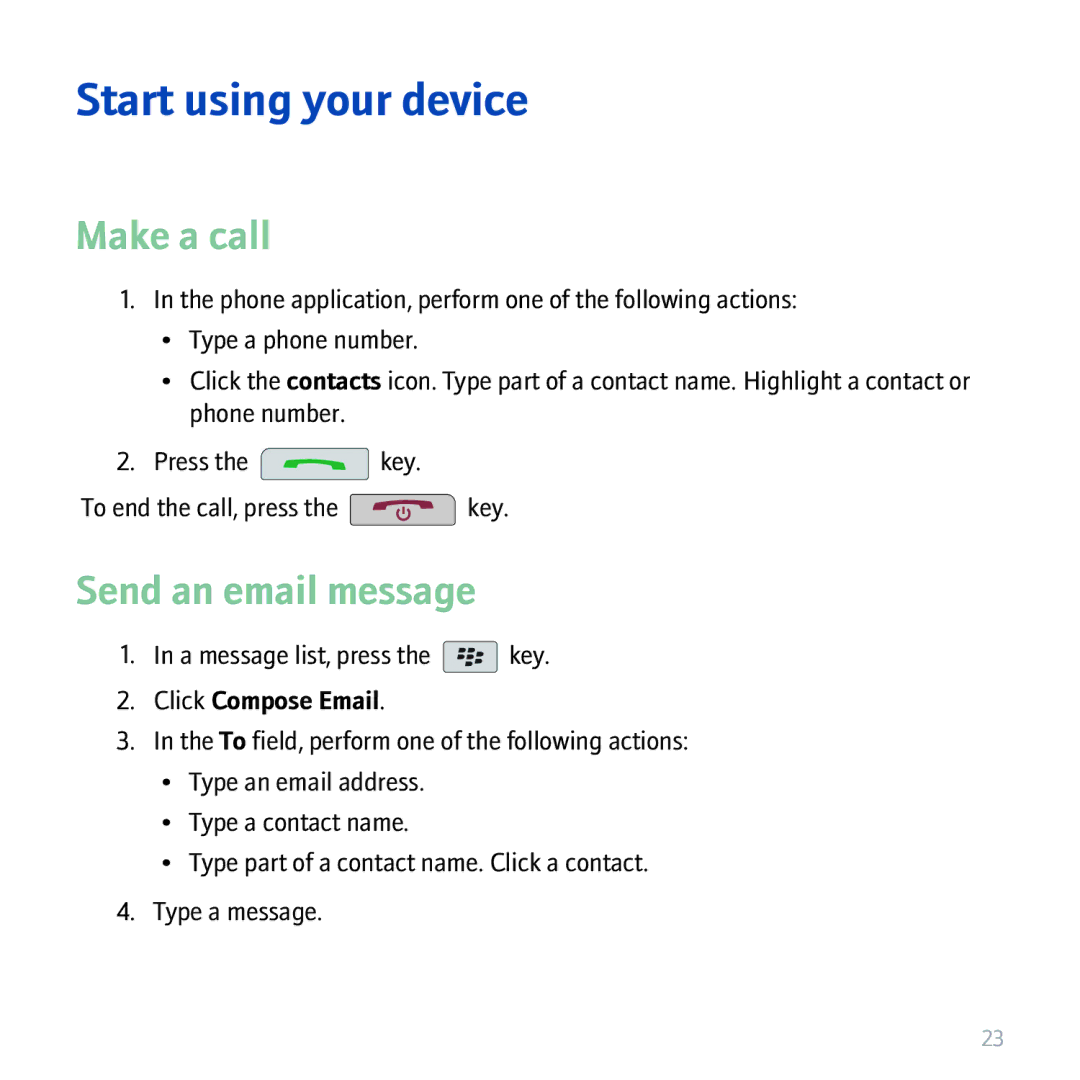 Blackberry 9530 manual Start using your device, Make a call, Send an email message 