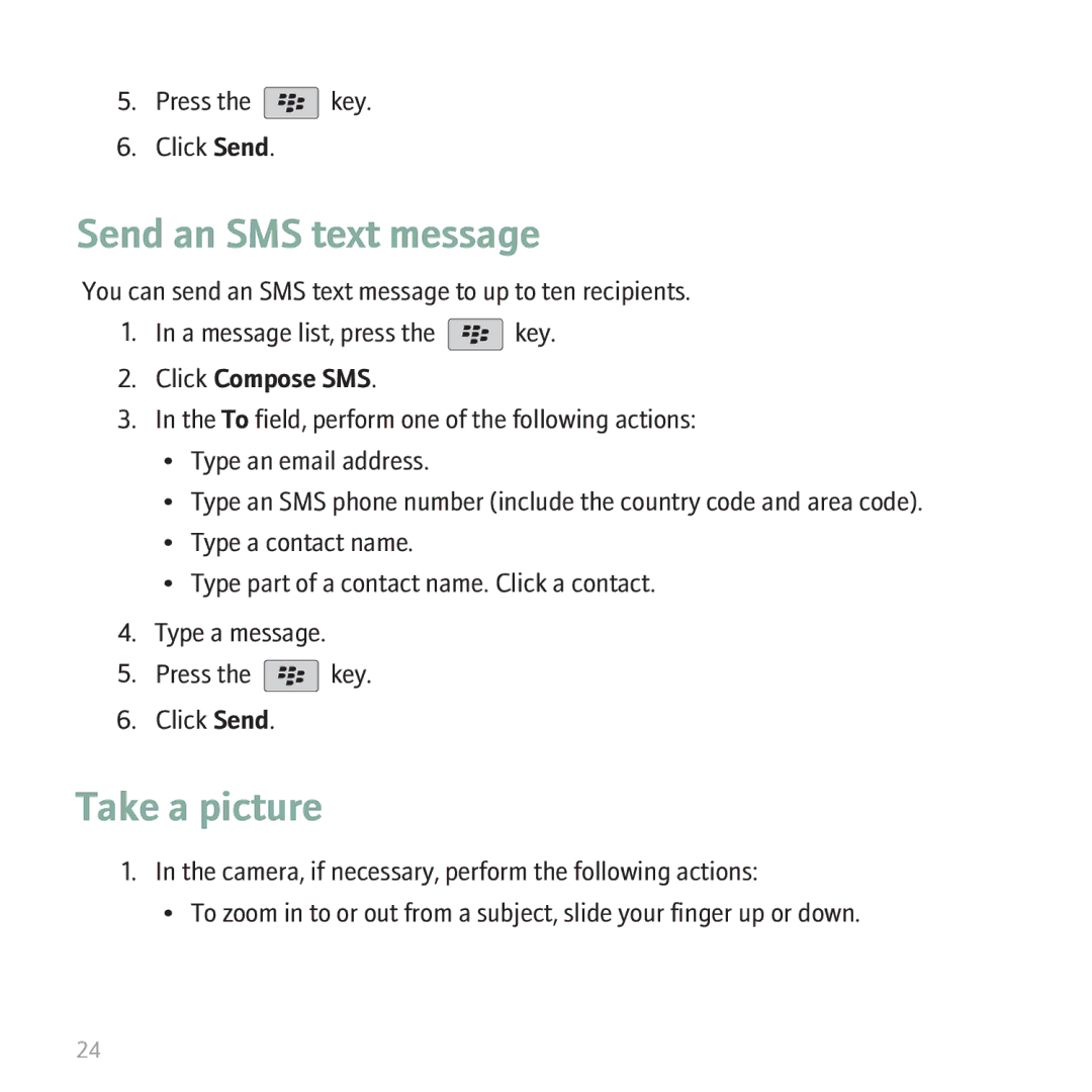 Blackberry 9530 manual Send an SMS text message, Take a picture 