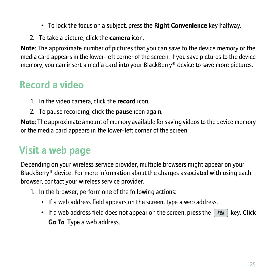 Blackberry 9530 manual Record a video, Visit a web 