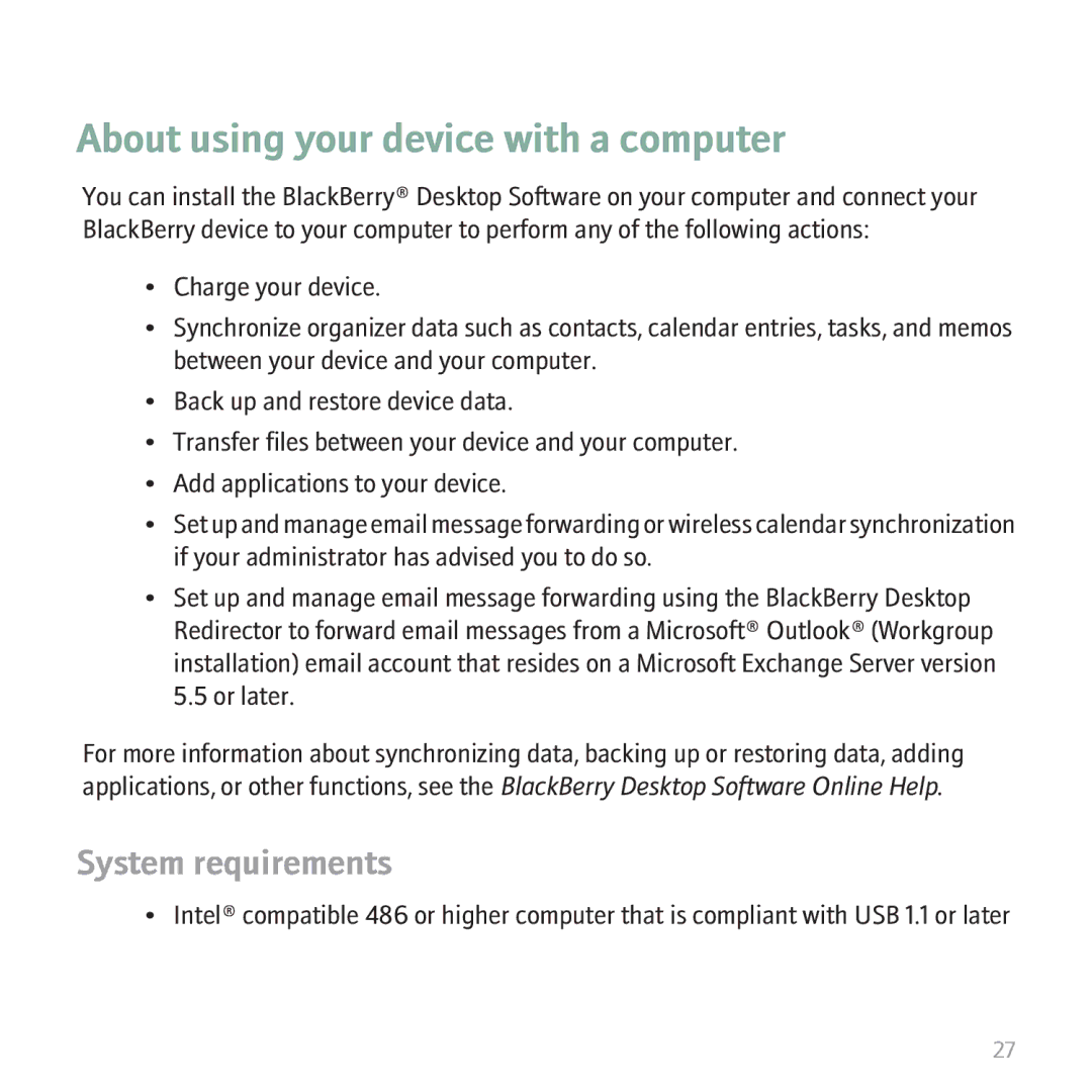 Blackberry 9530 manual About using your device with a computer, System requirements 