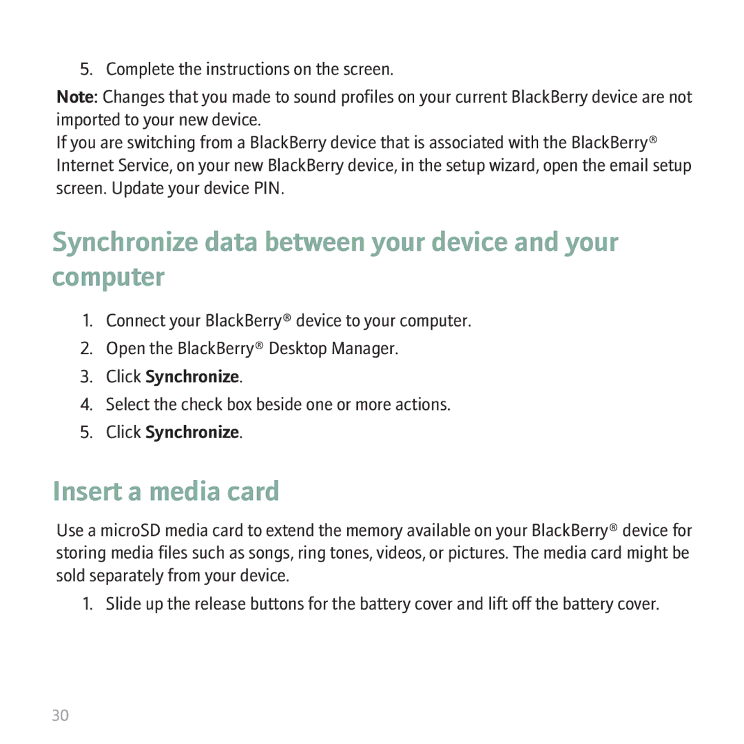 Blackberry 9530 manual Synchronize data between your device and your computer, Insert a media card 