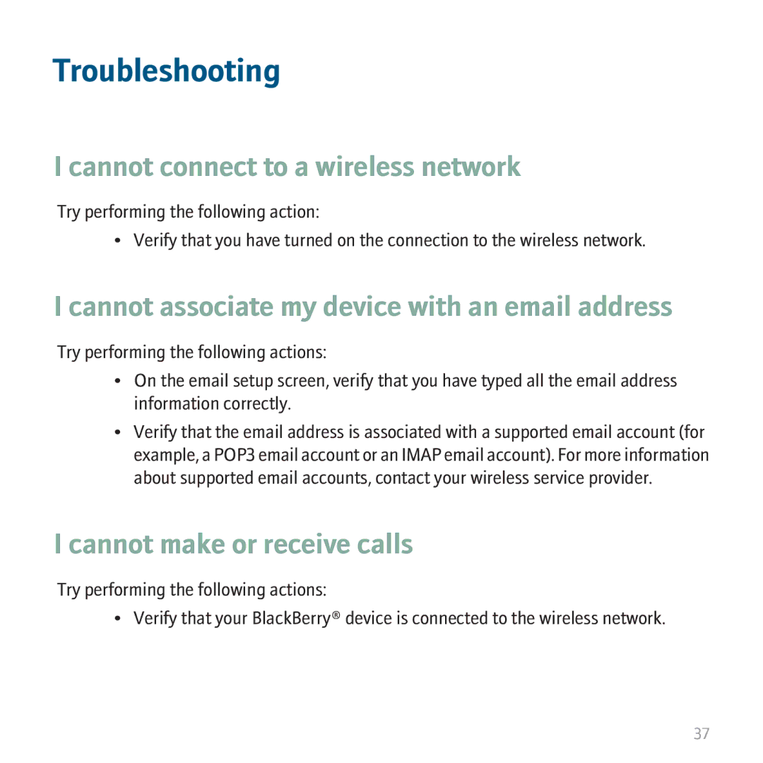 Blackberry 9530 Troubleshooting, Cannot connect to a wireless network, Cannot associate my device with an email address 