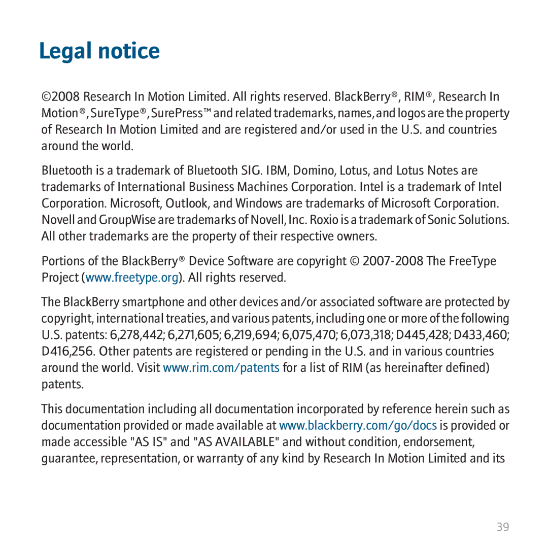 Blackberry 9530 manual Legal notice 