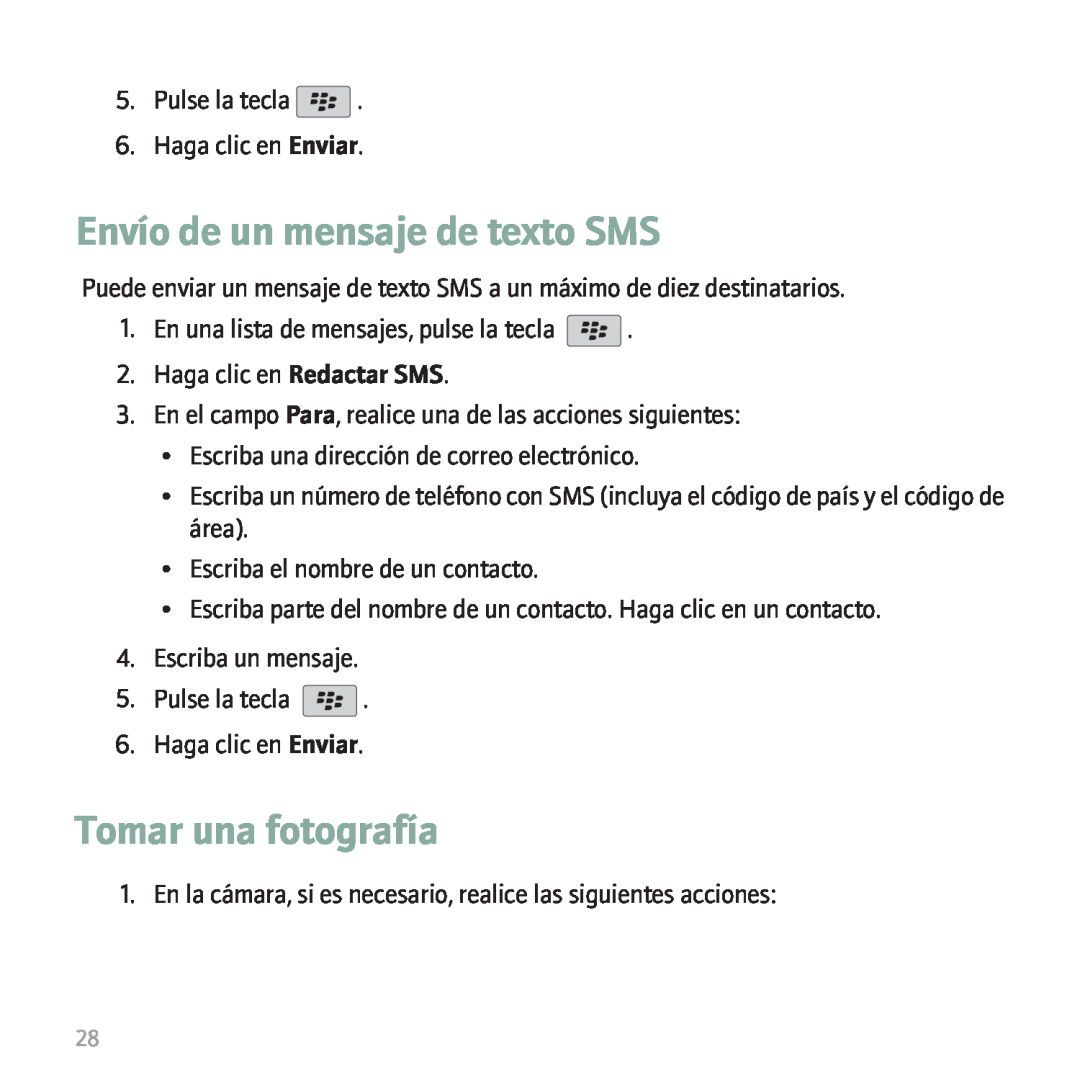Blackberry 9530 manual Envío de un mensaje de texto SMS, Tomar una fotografía 