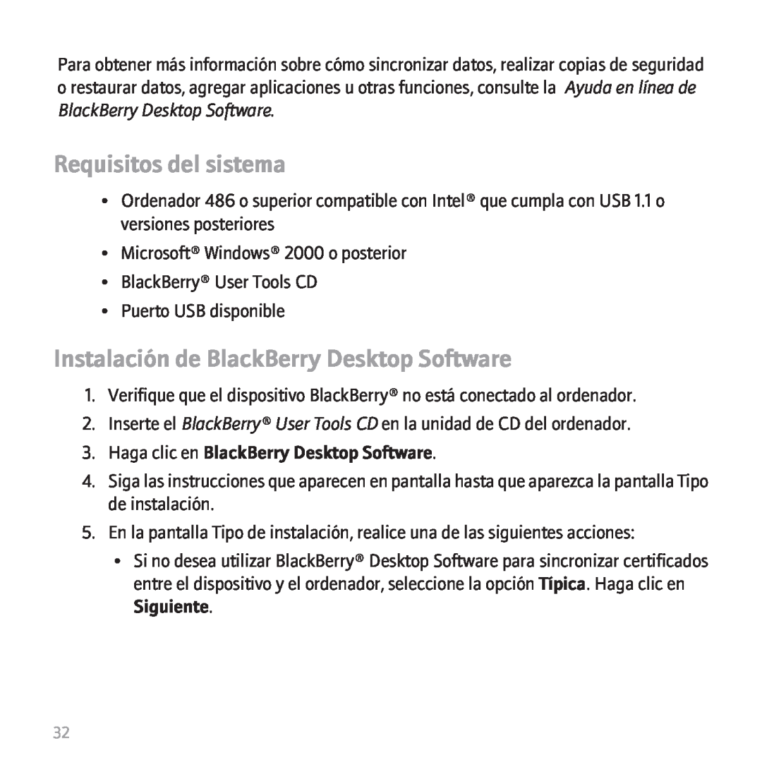 Blackberry 9530 manual Requisitos del sistema, Instalación de BlackBerry Desktop Software 